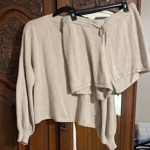 Elegant Beige Knit Sweater and Shorts Set